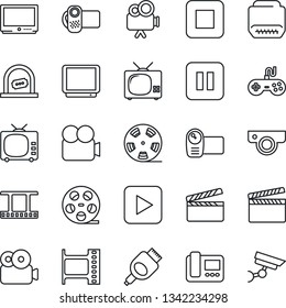 Thin Line Icon Set - ticket office vector, clapboard, film frame, reel, tv, gamepad, video camera, play button, pause, stop, hdmi, web, intercome, surveillance