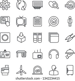 Thin Line Icon Set - ticket office vector, manager, identity card, book, desk, heart diagnostic, tomography, truck trailer, clipboard, package, tv, headphones, update, record, root setup, blank box