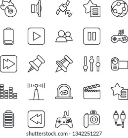 Thin Line Icon Set - ticket office vector, clapboard, flame disk, camera, antenna, satellite, speaker, gamepad, settings, equalizer, video, network, group, favorites list, paper pin, battery, low