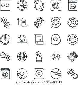 Thin Line Icon Set - ticket office vector, washer, gear, contract, circle chart, stamp, pills blister, rec button, update, record, eye id, pie graph, target, flower in pot, omelette