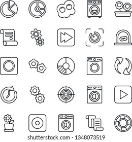 Thin Line Icon Set - ticket office vector, washer, gear, contract, circle chart, play button, fast forward, rec, update, record, eye id, pie graph, target, flower in pot, omelette, clock