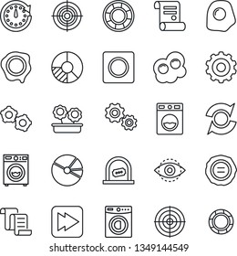 Thin Line Icon Set - ticket office vector, gear, contract, circle chart, stamp, fast forward, record, eye id, update, pie graph, target, washer, flower in pot, omelette, clock, crisis management