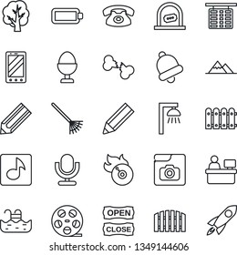 Thin Line Icon Set - ticket office vector, flight table, mobile phone, manager place, pencil, rake, tree, broken bone, reel, flame disk, microphone, bell, music, photo gallery, battery, pool, fence