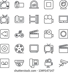 Thin Line Icon Set - ticket office vector, clapboard, film frame, reel, tv, gamepad, video camera, stop button, rewind, rec, record, web, intercome, surveillance