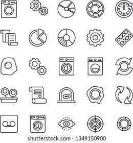 Thin Line Icon Set - ticket office vector, washer, gear, contract, circle chart, stamp, pills blister, update, record, eye id, pie graph, target, flower in pot, omelette, clock, crisis management