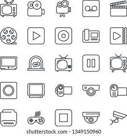 Thin Line Icon Set - ticket office vector, clapboard, reel, tv, gamepad, video camera, play button, pause, stop, rec, hdmi, record, web, intercome, surveillance