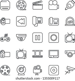 Thin Line Icon Set - ticket office vector, clapboard, film frame, reel, tv, gamepad, video camera, pause button, rewind, rec, hdmi, record, web, intercome, surveillance