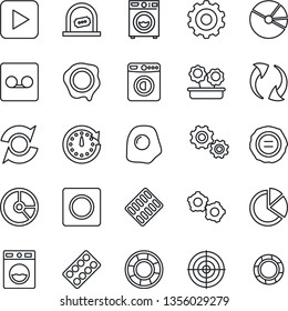 Thin Line Icon Set - ticket office vector, washer, gear, circle chart, stamp, pills blister, play button, update, record, pie graph, target, flower in pot, omelette, clock, crisis management