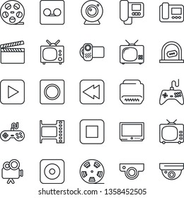 Thin Line Icon Set - ticket office vector, clapboard, film frame, reel, tv, gamepad, video camera, play button, stop, rewind, rec, hdmi, record, web, intercome, surveillance