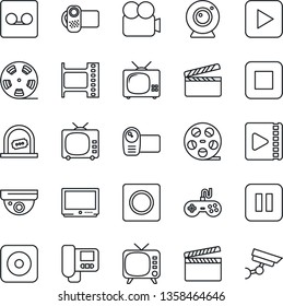 Thin Line Icon Set - ticket office vector, clapboard, film frame, reel, tv, gamepad, video camera, play button, pause, stop, rec, record, web, intercome, surveillance