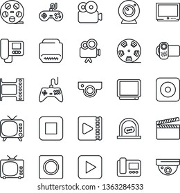 Thin Line Icon Set - ticket office vector, clapboard, film frame, reel, tv, gamepad, video camera, play button, stop, rec, hdmi, record, web, intercome, surveillance