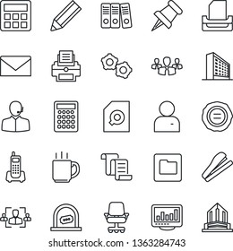 Thin Line Icon Set - ticket office vector, gear, contract, mail, building, stamp, phone, paper pin, user, calculator, folder, coffee, monitor statistics, document search, hr, support, binder, tray
