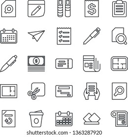 Thin Line Icon Set - ticket vector, document search, pen, coffee, calendar, reload, receipt, news, notes, cut, clipboard, checklist, book, plan, serviette, cash, paper plane, schedule, contract
