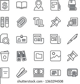 Thin Line Icon Set - ticket vector, identity, contract, book, office binder, document search, coffee, pin, cash, receipt, news, gallery, folder, copybook, drawing, paper clip, pen, stapler