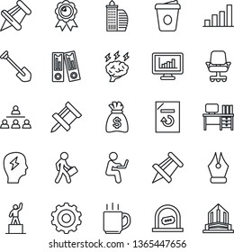 Thin Line Icon Set - ticket office vector, gear, pedestal, binder, medal, desk, money bag, coffee, brainstorm, drawing pin, job, document reload, paper, monitor statistics, bar graph, ink pen, chair