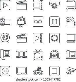 Thin Line Icon Set - ticket office vector, clapboard, film frame, gamepad, tv, video camera, play button, pause, stop, rec, hdmi, record, web, intercome, surveillance