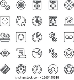 Thin Line Icon Set - ticket office vector, washer, gear, circle chart, contract, pills blister, rec button, update, record, eye id, pie graph, target, flower in pot, clock, crisis management