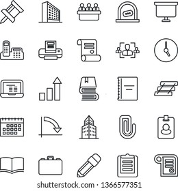 Thin Line Icon Set - ticket office vector, building, growth statistic, book, case, notebook pc, presentation board, crisis graph, meeting, contract, clipboard, clock, calendar, copybook, drawing pin