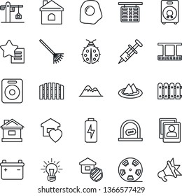 Thin Line Icon Set - ticket office vector, flight table, rake, lady bug, house, syringe, film frame, reel, speaker, favorites list, photo gallery, charge, mountains, fence, sweet home, crane, idea