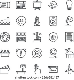 Thin Line Icon Set - ticket vector, presentation board, bulb, well, plane, office phone, 24 hours, sorting, heavy scales, touch screen, speaker, alarm, network, brightness, calendar, desk lamp