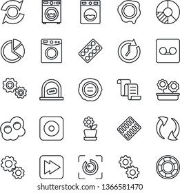 Thin Line Icon Set - ticket office vector, contract, circle chart, stamp, pills blister, fast forward, rec button, update, record, eye id, pie graph, washer, flower in pot, omelette, gear, clock