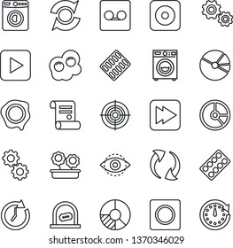 Thin Line Icon Set - ticket office vector, washer, circle chart, stamp, contract, pills blister, play button, fast forward, rec, update, record, eye id, pie graph, target, flower in pot, omelette