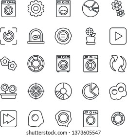 Thin Line Icon Set - ticket office vector, washer, gear, circle chart, stamp, play button, fast forward, update, eye id, pie graph, target, flower in pot, omelette, crisis management