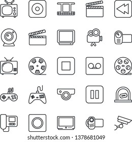 Thin Line Icon Set - ticket office vector, clapboard, film frame, reel, gamepad, tv, video camera, pause button, stop, rewind, rec, record, web, intercome, surveillance