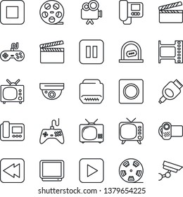 Thin Line Icon Set - ticket office vector, clapboard, film frame, reel, tv, gamepad, video camera, play button, pause, stop, rewind, hdmi, record, intercome, surveillance
