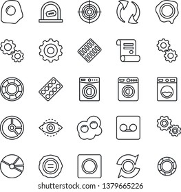 Thin Line Icon Set - ticket office vector, washer, gear, circle chart, stamp, contract, pills blister, update, record, eye id, pie graph, target, omelette, crisis management