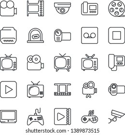 Thin Line Icon Set - ticket office vector, film frame, reel, tv, gamepad, video camera, play button, stop, hdmi, record, intercome, surveillance