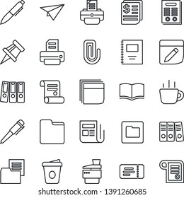 Thin Line Icon Set - ticket vector, book, pen, coffee, printer, contract, receipt, folder document, news, notes, copybook, drawing pin, paper clip, blank box, binder, copier, plane