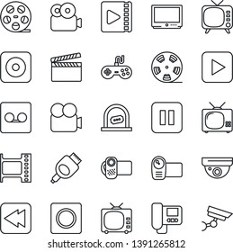 Thin Line Icon Set - ticket office vector, clapboard, film frame, reel, tv, gamepad, video camera, play button, pause, rewind, rec, hdmi, record, intercome, surveillance
