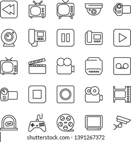 Thin Line Icon Set - ticket office vector, clapboard, film frame, reel, tv, gamepad, video camera, play button, pause, stop, rewind, hdmi, record, web, intercome, surveillance