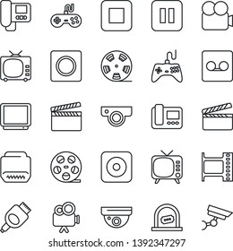 Thin Line Icon Set - ticket office vector, clapboard, film frame, reel, tv, gamepad, video camera, pause button, stop, rec, hdmi, record, web, intercome, surveillance