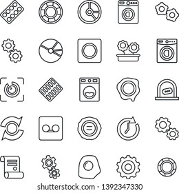 Thin Line Icon Set - ticket office vector, washer, gear, circle chart, stamp, contract, pills blister, record, eye id, update, pie graph, flower in pot, omelette, clock, crisis management