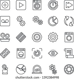 Thin Line Icon Set - ticket office vector, gear, stamp, contract, pills blister, play button, fast forward, rec, update, record, eye id, pie graph, washer, flower in pot, clock, crisis management