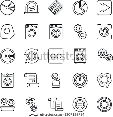 Thin Line Icon Set - ticket office vector, washer, contract, circle chart, stamp, pills blister, fast forward, record, eye id, update, pie graph, flower in pot, omelette, gear, clock