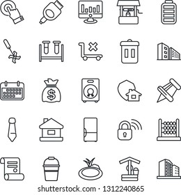 Thin Line Icon Set - tie vector, money bag, statistic monitor, contract, bucket, well, pond, ripper, blood test vial, term, no trolley, touch screen, speaker, paper pin, battery, hdmi, abacus, house