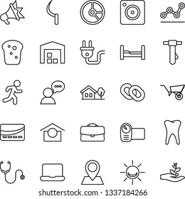 Thin Line Icon Set - tie vector, circle chart, wheelbarrow, sickle, stethoscope, run, tooth, pin, warehouse storage, video camera, speaker, chain, mobile, case, point graph, notebook pc, bedroom