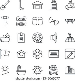 Thin Line Icon Set - tie vector, shovel, sun, picnic table, broken bone, warehouse storage, reel, speaker, settings, notes, brightness, identity card, bathroom, city house, salad, salt and pepper