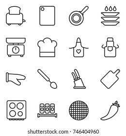 thin line icon set : toaster, cutting board, pan, plate washing, kitchen scales, cook hat, apron, glove, big spoon, knife holder, hob, spices, sieve, hot pepper