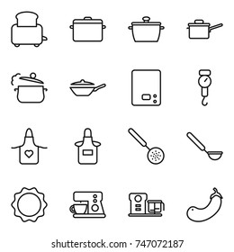 thin line icon set : toaster, pan, saute, steam, kitchen scales, handle, apron, skimmer, ladle, induction oven, coffee maker, food processor, eggplant