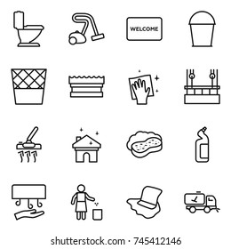 thin line icon set : toilet, vacuum cleaner, welcome mat, bucket, trash bin, sponge, wiping, skysrcapers cleaning, house, with foam, cleanser, hand dryer, garbage, floor washing, home call
