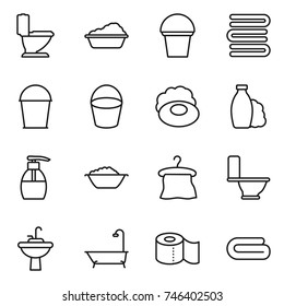 thin line icon set : toilet, washing, bucket, towels, soap, shampoo, liquid, foam basin, hanger, water tap sink, bath, paper, towel