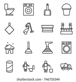 thin line icon set : toilet, washing machine, scoop, bucket, rag, vacuum cleaner, sponge, skysrcapers cleaning, house, plunger, cleanser powder, garbage bin, home call
