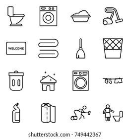 thin line icon set : toilet, washing machine, vacuum cleaner, welcome mat, towel, broom, trash bin, house cleaning, drying clothe, cleanser, paper