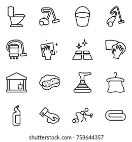 Thin line icon set : toilet, vacuum cleaner, bucket, wiping, clean floor, utility room, sponge with foam, plunger, hanger, cleanser, towel