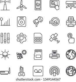 Thin Line Icon Set - tomography vector, earth, office phone, microphone, antenna, satellite, settings, touch screen, speaker, record, sd, sim, cellular signal, printer, sun panel, windmill, wireless