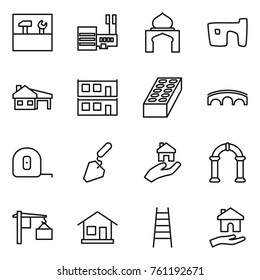 Thin line icon set : tools, mall, minaret, slum, house with garage, modular, brick, bridge, measuring tape, construction, real estate, arch, loading, home, stairs, housing
